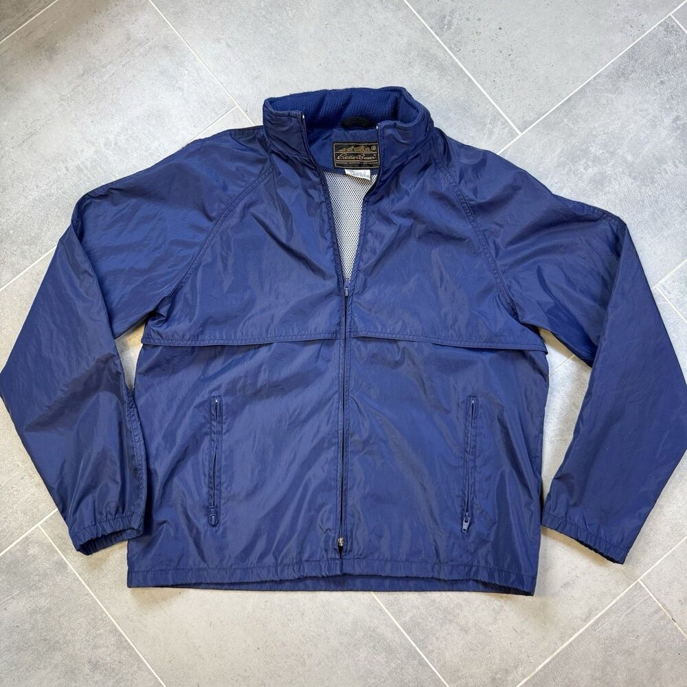 Vintage Eddie Bauer Rain Jacket Large Navy Packable Hood Vented Nylon